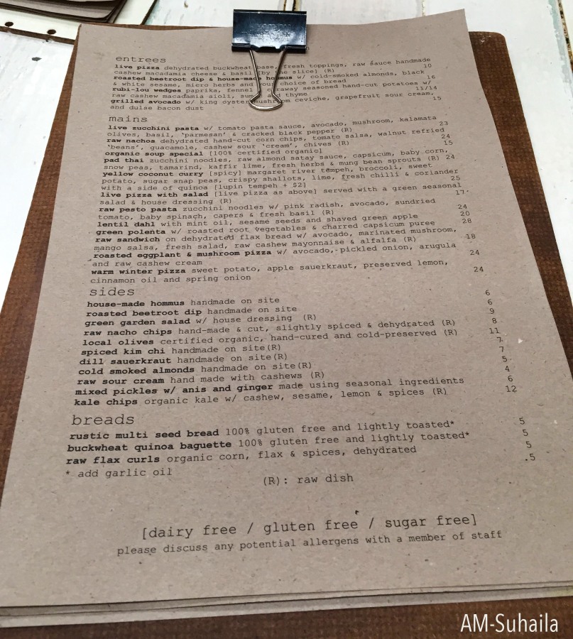 Rustic raw menu at the raw kitchen