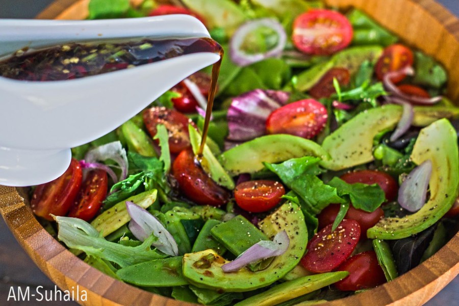 Bea's Avocado Snow Pea Salad all ready to be 'dressed'